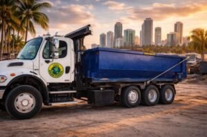 5-star Google reviews Coco Waste Systems Miami dumpster rental Roll-off dumpster delivery truck in Miami, FL — Coco Waste Systems Roll-off dumpster delivery truck in Miami, FL — Coco Waste Systems